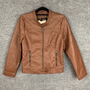 NEW Ashley Outerwear Womens Camel Faux Leather‎ Moto Jacket Size L